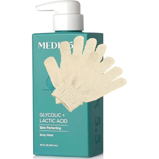 MED AHA Body Scrub Glycolic Acid Exfoliating Body Cleanser | KP Bump Eraser & Acne Treatment | Anti-Aging Foaming Body/Face Wash | Skincare Set + Eco Exfoliating Gloves + Prosperina Card