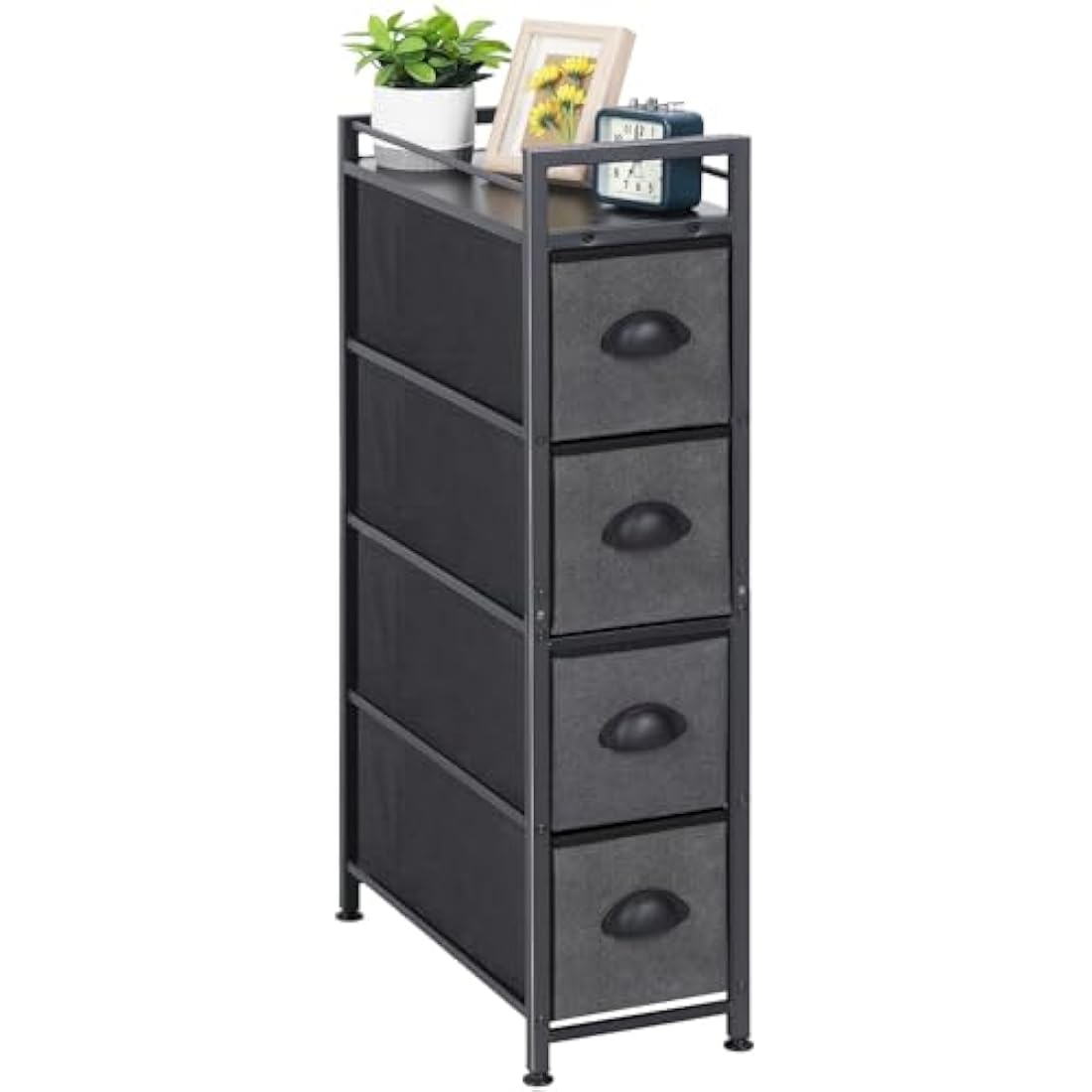 LIANTRAL Vertical Slim Chest of Drawers with 4 Fabric Drawers, Fabric Chest of Drawers Storage Tower Large Capacity Dresser for Bedroom Living Room Bathroom Entrance Narrow Space, Black and Dark Grey