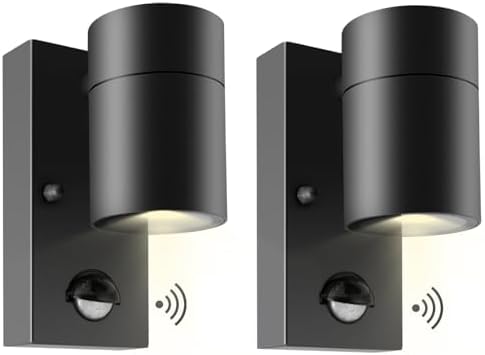 Kerry Outdoor Motion Sensor Wall Lights, Downward Outside Lighting Mains Powered, IP44 Black Stainless Steel Downlight, Exterior PIR Detector Security Fixture for Front Door, Porch, Garden - 2 Pack
