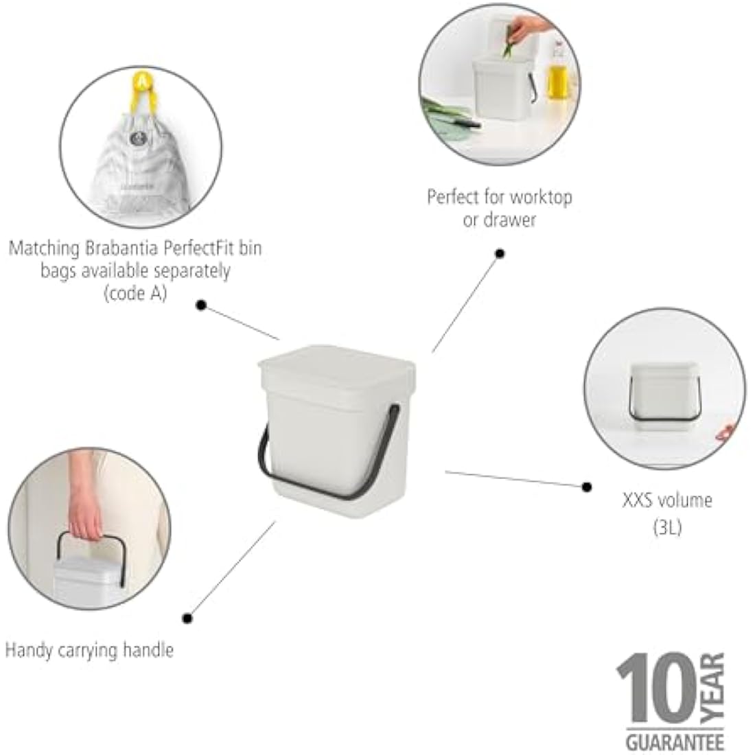 Brabantia - Sort & Go Waste Bin 3L - Small Recycling Bin - Stay Open Lid - Carry Handle - Easy to Clean - for Worktop or Under Kitchen Counter - Food Waste Caddy - Light Grey - 19 x 14 x 18 cm