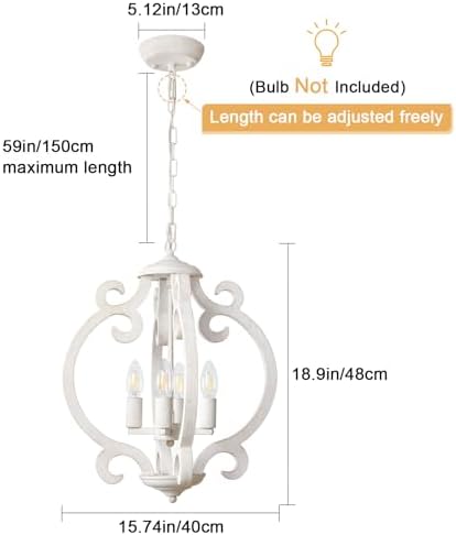 LynPon 4 Lights White Farmhouse Chandelier Ceiling Light Rustic French Light Fittings Ceilings Hanging, Antique Vintage Wood Pendant Light for Dining Room Kitchen Living Room Bedroom Hallway