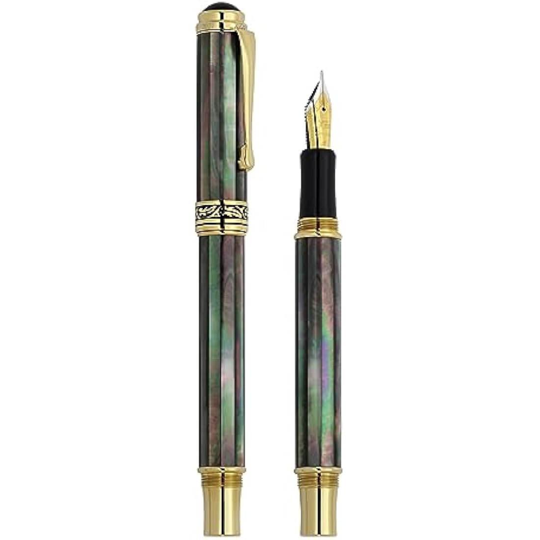 Xezo Maestro Fountain Pen, Fine Nib. Handcrafted from Oceanic Tahitian Black Mother of Pearl. 18-Karat Gold Plated. Serialized, Iridescent, No Two Alike