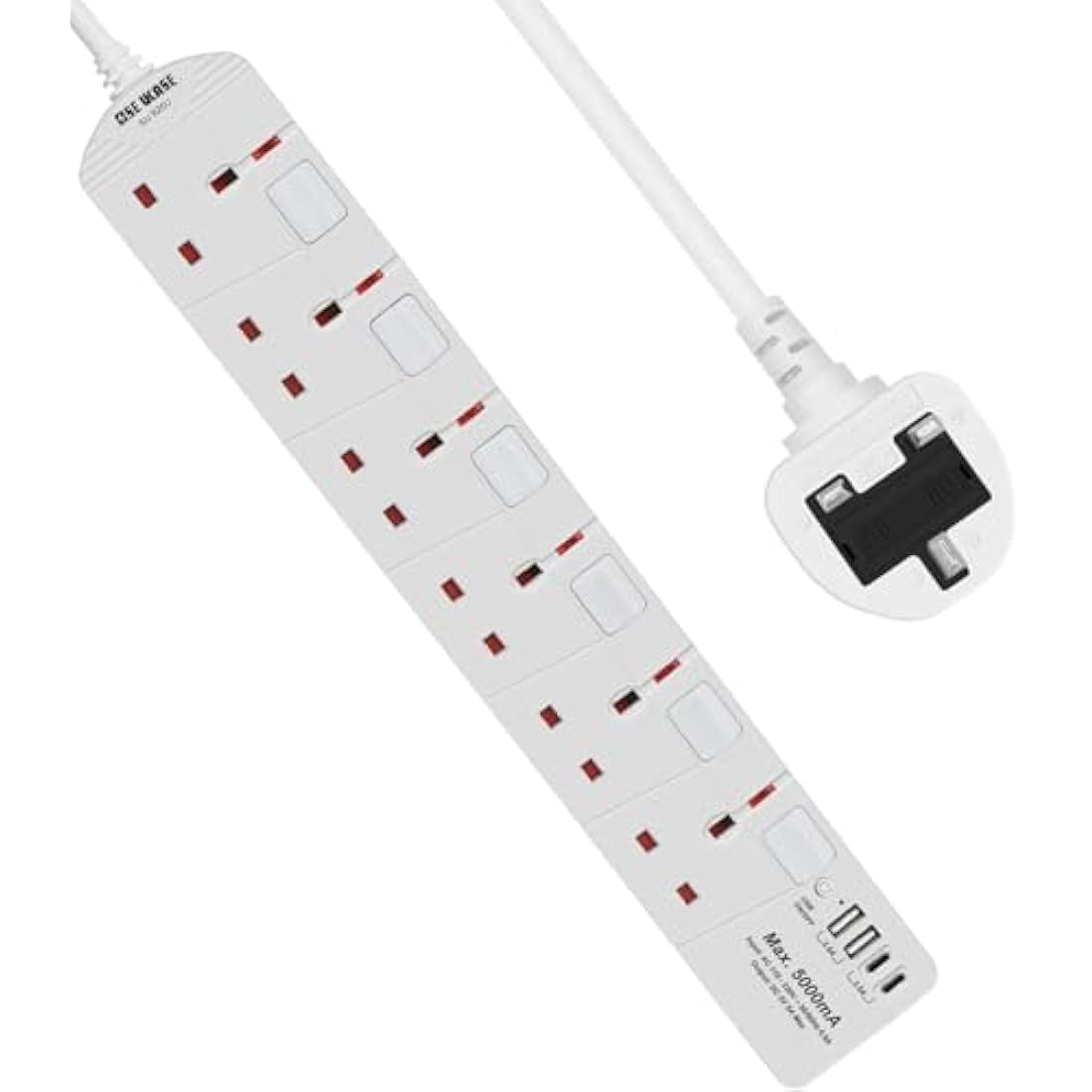 SE UKASE Extension Lead with USB Slots(5V/5A), 6 Way Plug Sockets with Individual Switches USB and Type C, Wall Mount Design with 2M Extension Cable 2990W