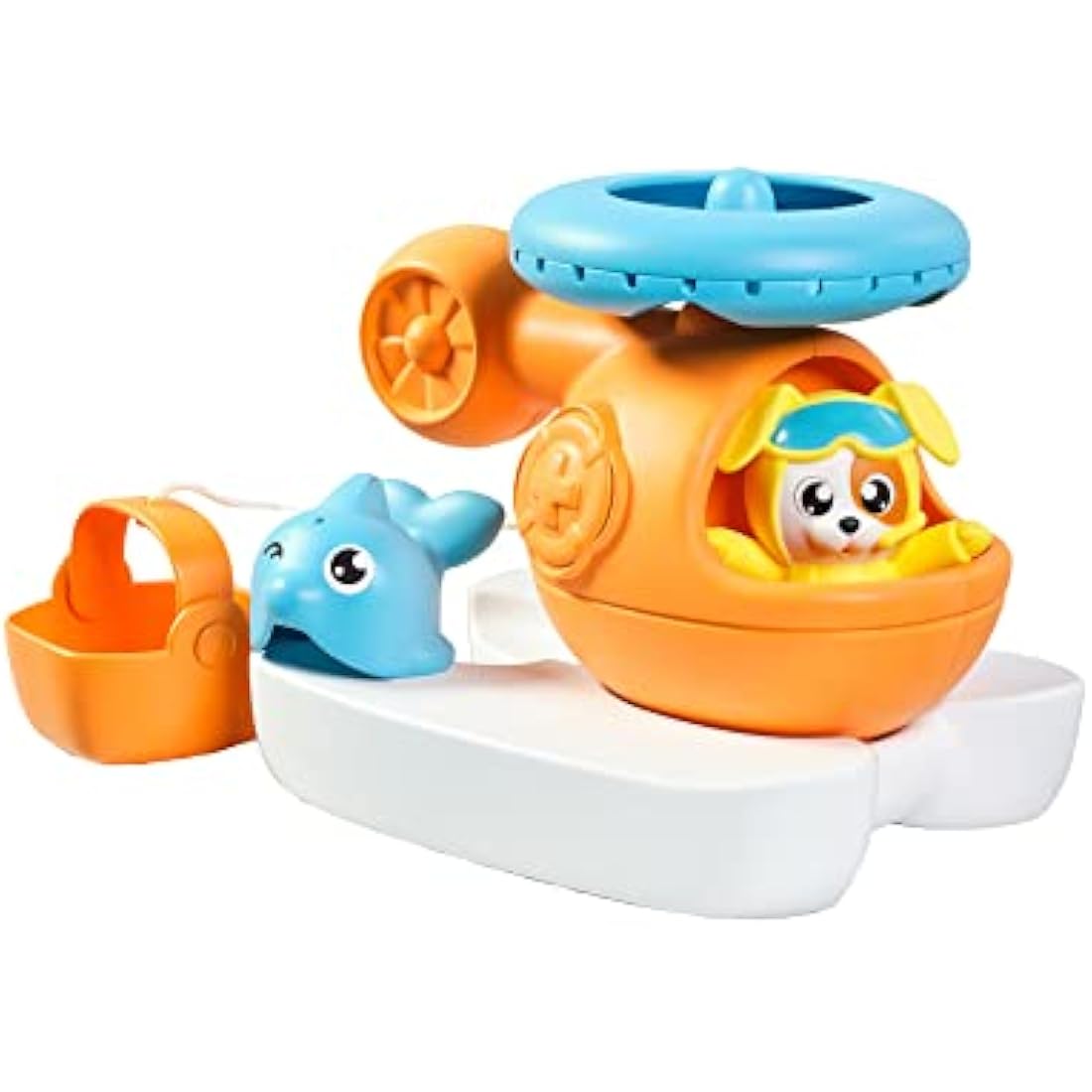Toomies E73305C Splash & Rescue Helicopter Water Spinning Bath Floating Toy with Squirting Pilot – Rescue Bucket & Dolphin with Pouring Action – Suitable from 12 Months