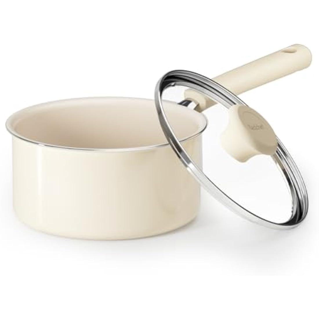 Redchef Ceramic Nonstick Saucepan with Lid,16cm Small Cooking Pot, Non Toxic Sauce Pans for Kitchen, Cool Handle PFAS Free Compatible with All Cooktops, White