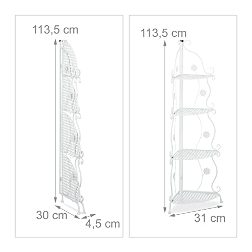 Relaxdays Metal Plant Stand, 4 Tiers, Decorative Rack, Indoor & Outdoor, HxWxD: 113.5 x 31 x 31 cm, Corner Shelf, White, Iron