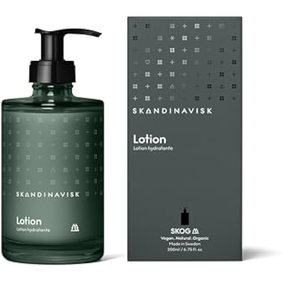 Skandinavisk SKOG ‘Forest’ Hand & body lotion, Scent notes: Pine needles and fir cones, birch sap and woodland lily of the valley, Coloured glass bottle with pump, 200 ml