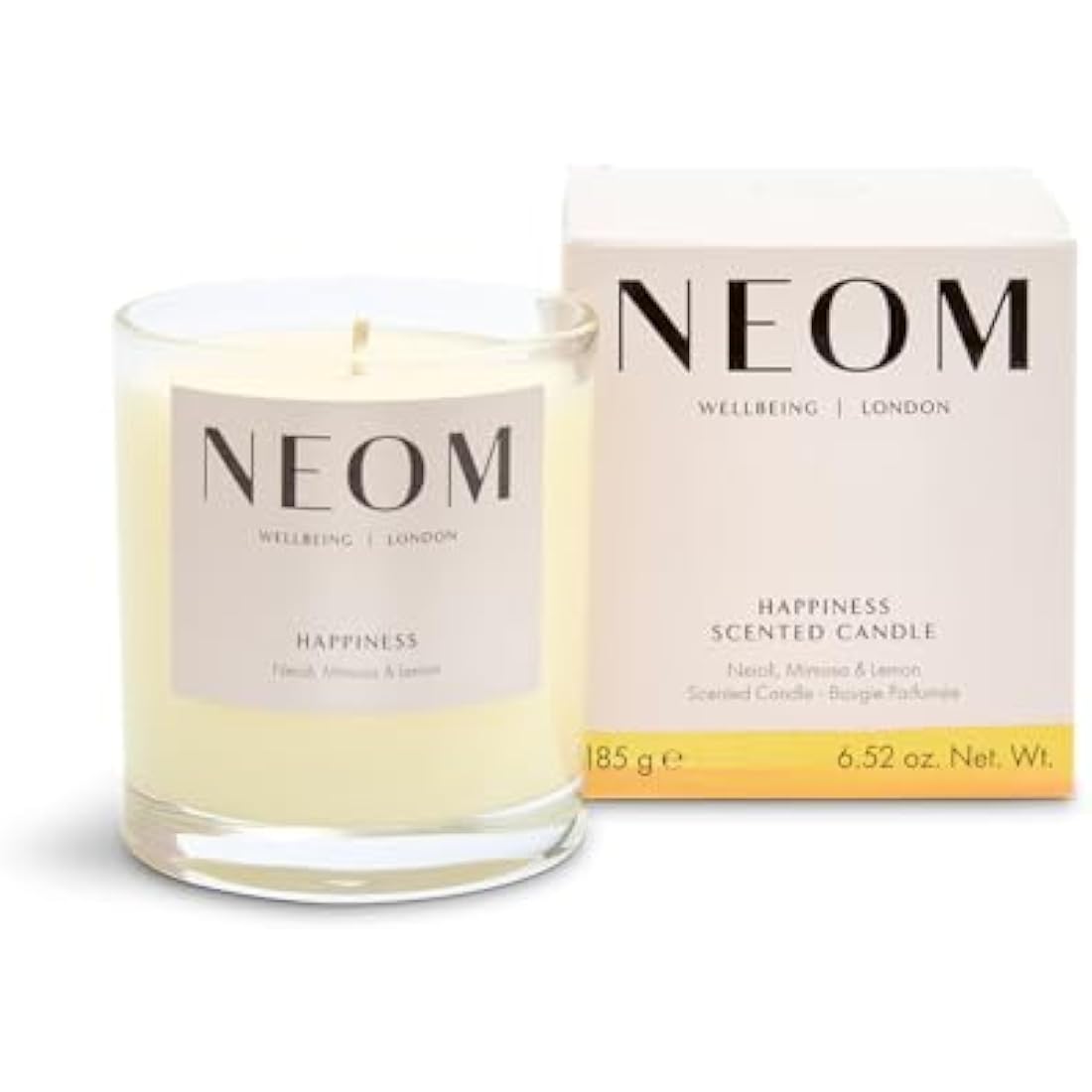 Neom Happiness Scented Candle, 1 Wick | Essential Oil Aromatherapy Candle | Neroli, Mimosa & Lemon | Scent to Make You Happy,White,185 g (Pack of 1),1101170