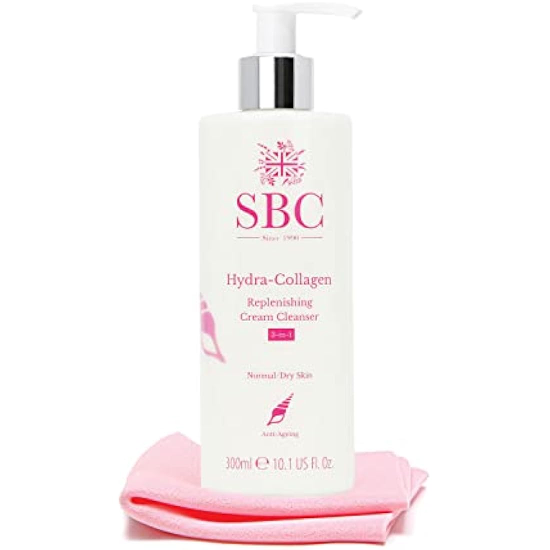 SBC Skincare Hydra-Collagen Replenishing Cream Cleanser with Skin Shammy 300ml, Anti-Ageing Collagen Facial Cleanser, Removes Make-Up, Cleanses, Hydrates