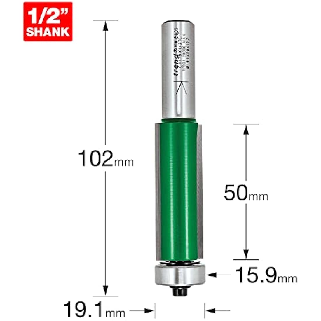 Trend CraftPro Guided Trimmer Router Cutter Bit, 1/2 Inch Shank, 19.1mm Cut Diameter & 50mm Cut Length, Tungsten Carbide Tipped, C117BX1/2TC