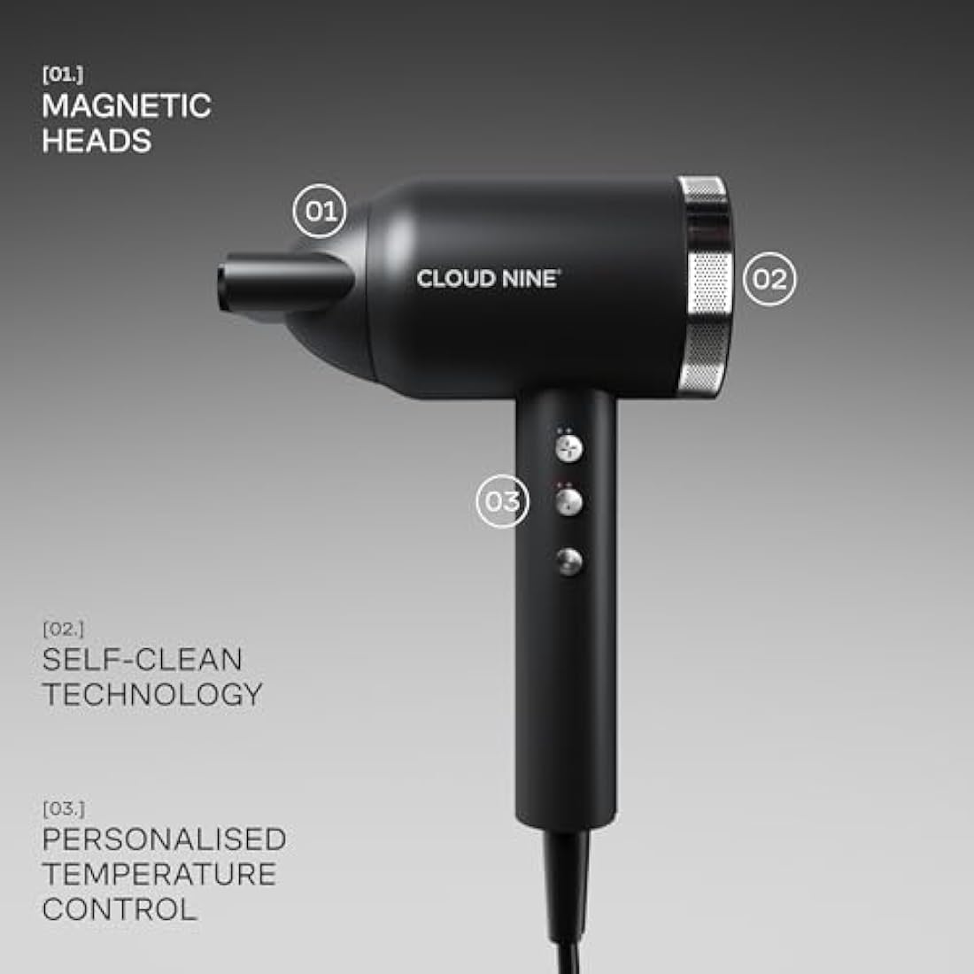 CLOUD NINE The Airshot Pro Hair Dryer | Powerful Salon Self Clean Mode Long Lasting Temperature Control | Eco Precision Motor Magnetic Diffuser | 1600W Lightweight & Portable
