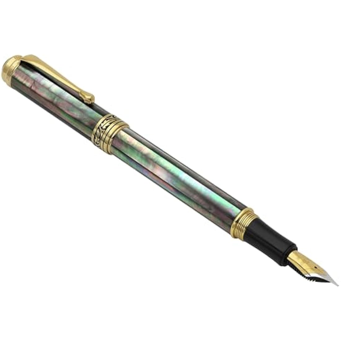 Xezo Maestro Fountain Pen, Fine Nib. Handcrafted from Oceanic Tahitian Black Mother of Pearl. 18-Karat Gold Plated. Serialized, Iridescent, No Two Alike