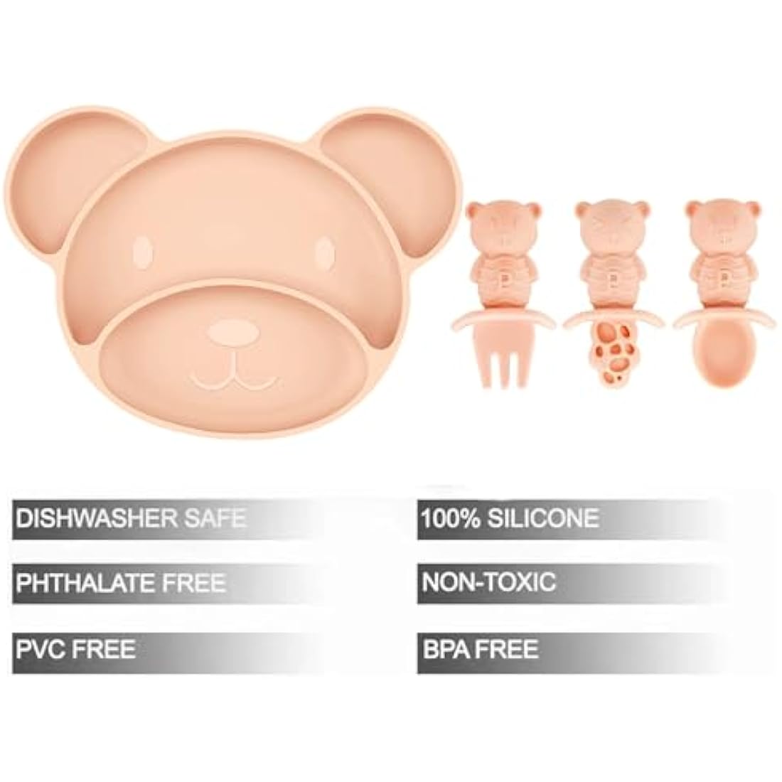 PandaEar Silicone Suction Plate, Spoon and Fork Set, Toddler Self-Feeding, BPA Free, Dishwasher & Microwave Safe, Bear Shape (Pink)