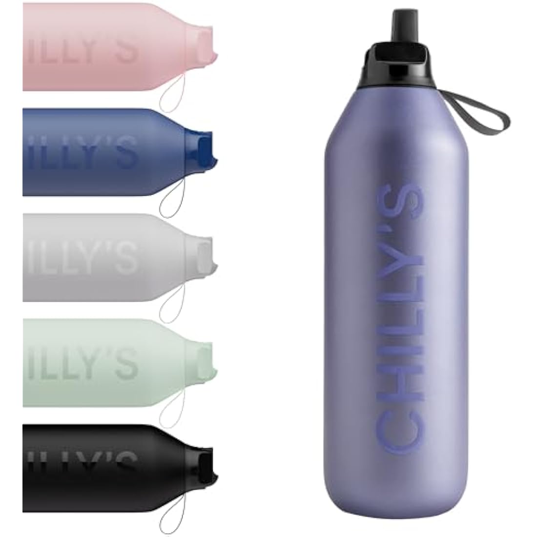 Chilly's Series 2 Flip Water Bottle with Sports Lid, Telescopic Straw and Nylon Carry Loop - Easy Flip Lid, Straw Cleaning Brush Included