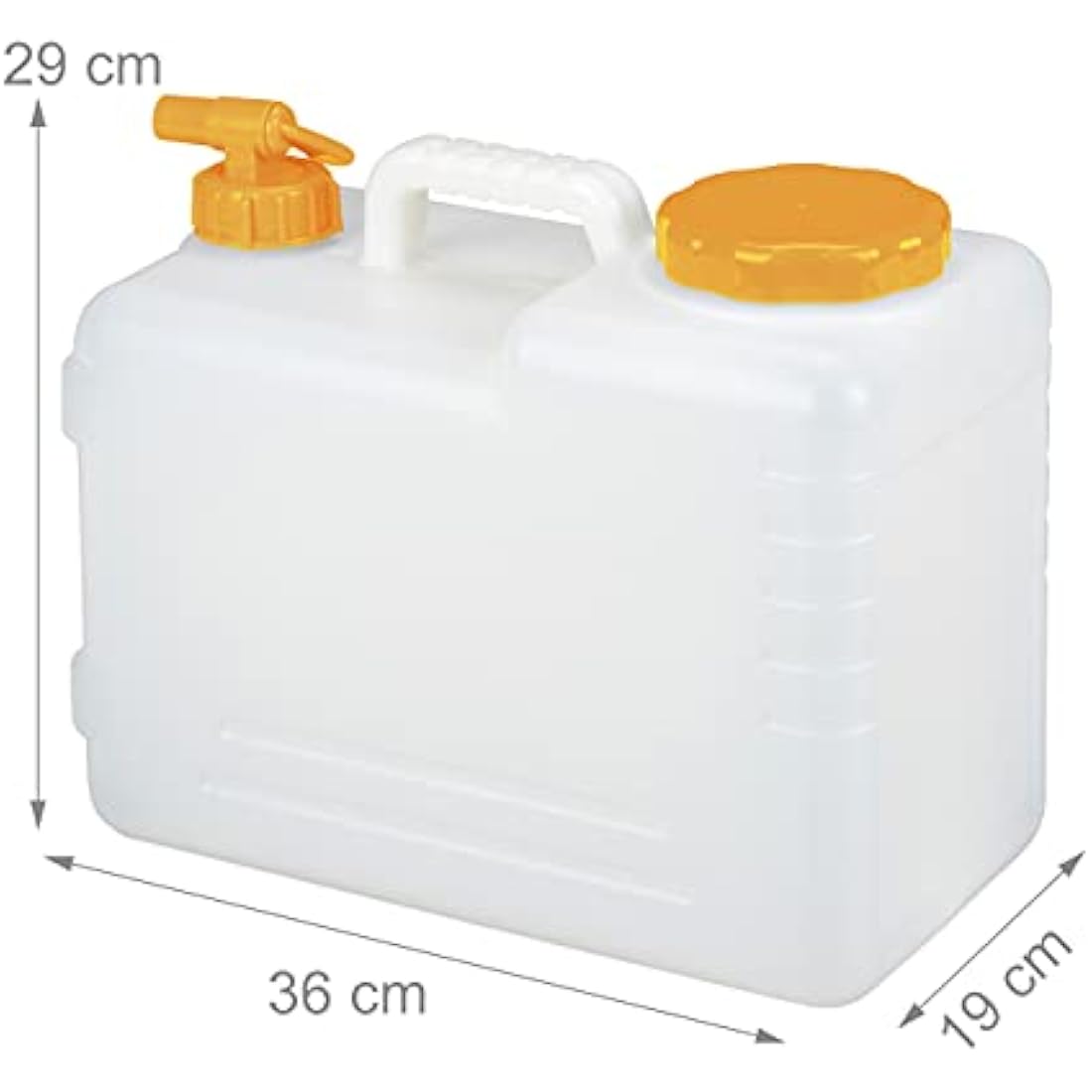 Relaxdays Water Canister with Tap, 15 litres, Camping Container, BPA-Free Plastic, Wide Opening, Handle, White/Orange, 39x22x38 cm
