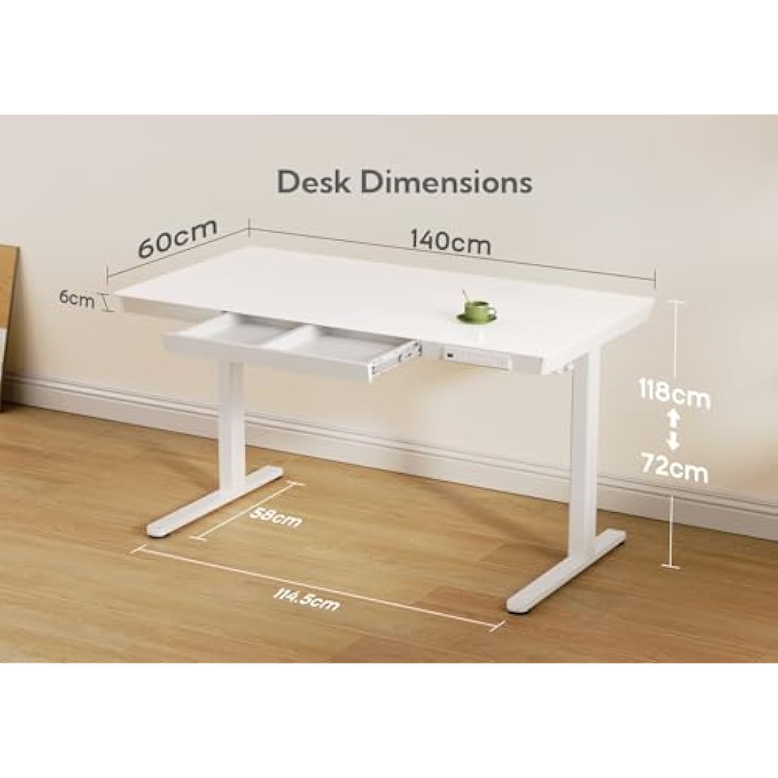 Claiks Glass Standing Desk with Drawers, 120×60 cm Adjustable Stand Up Desk, Quick Install Home Office Computer Desk with USB Ports, White