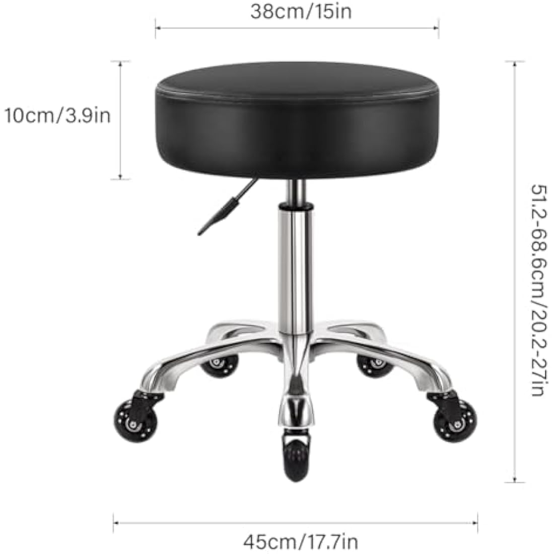 WKWKER Heavy Duty Beauty Stool On Wheels Swivel Adjustable Thick Leather Seat Chair For Kitchen Drafting Lab Office Massage Black