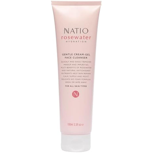 Natio Australia Rosewater Hydration Gentle Cream-Gel Face Cleanser, 100 ml - Facial Cleanser with Rosewater - Travel Size Face Wash for All Skin Types