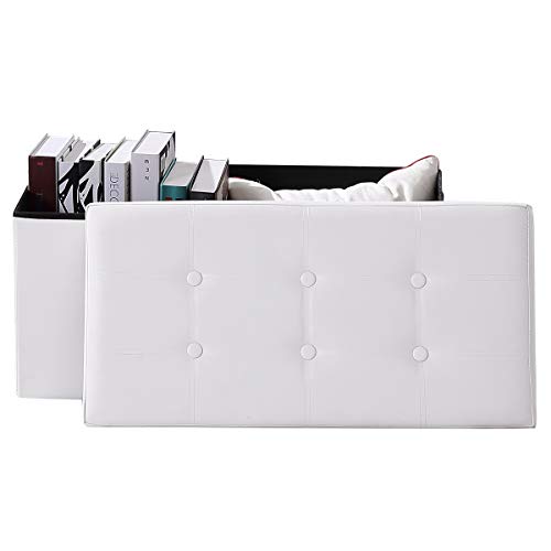 BRIAN & DANY Ottoman Footstools Folding Storage Box with Lid, Large Storage Seat Faux Leather Footstool Toy Storage Box, White, 76 x 38 x 38 cm