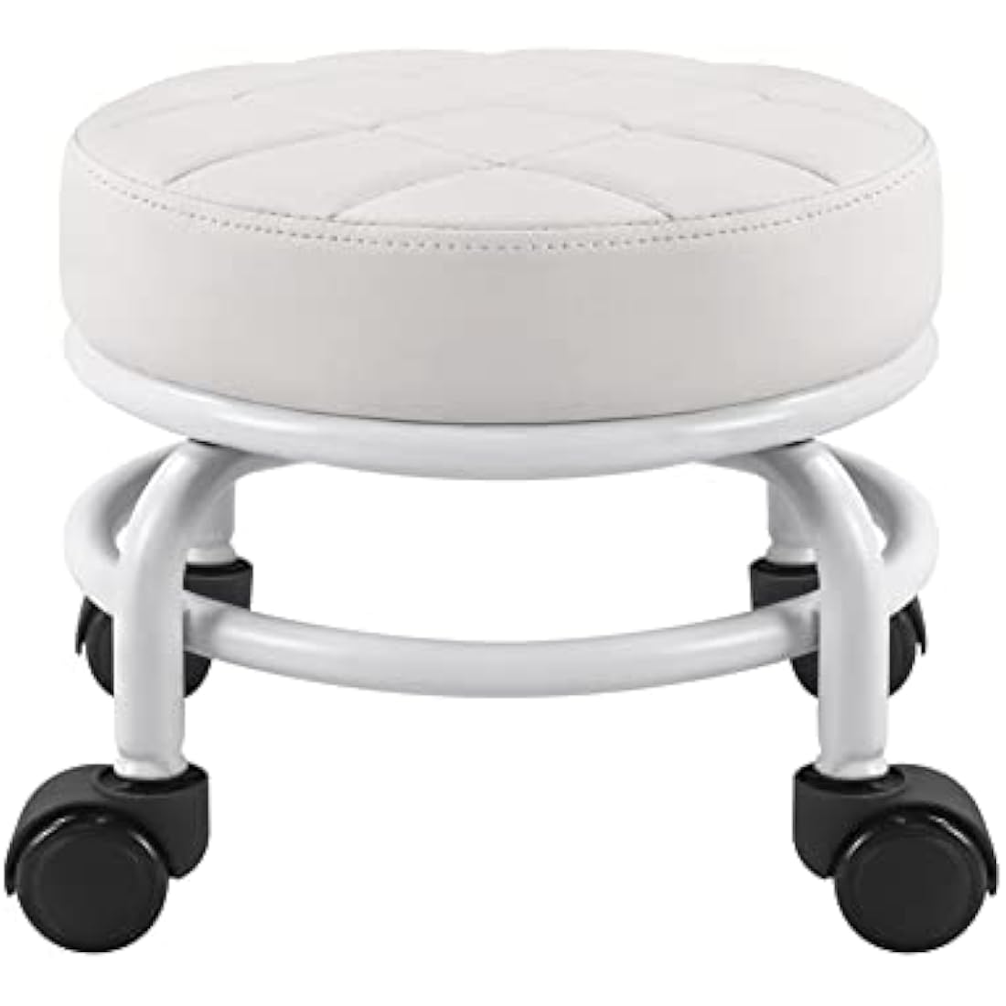FURWOO Roller Seat PU Leather Low Round Rolling Floor Stool with Universal Caster Wheels for Home Fitness Sport Pedicure Stool, H：25.5cm(White)