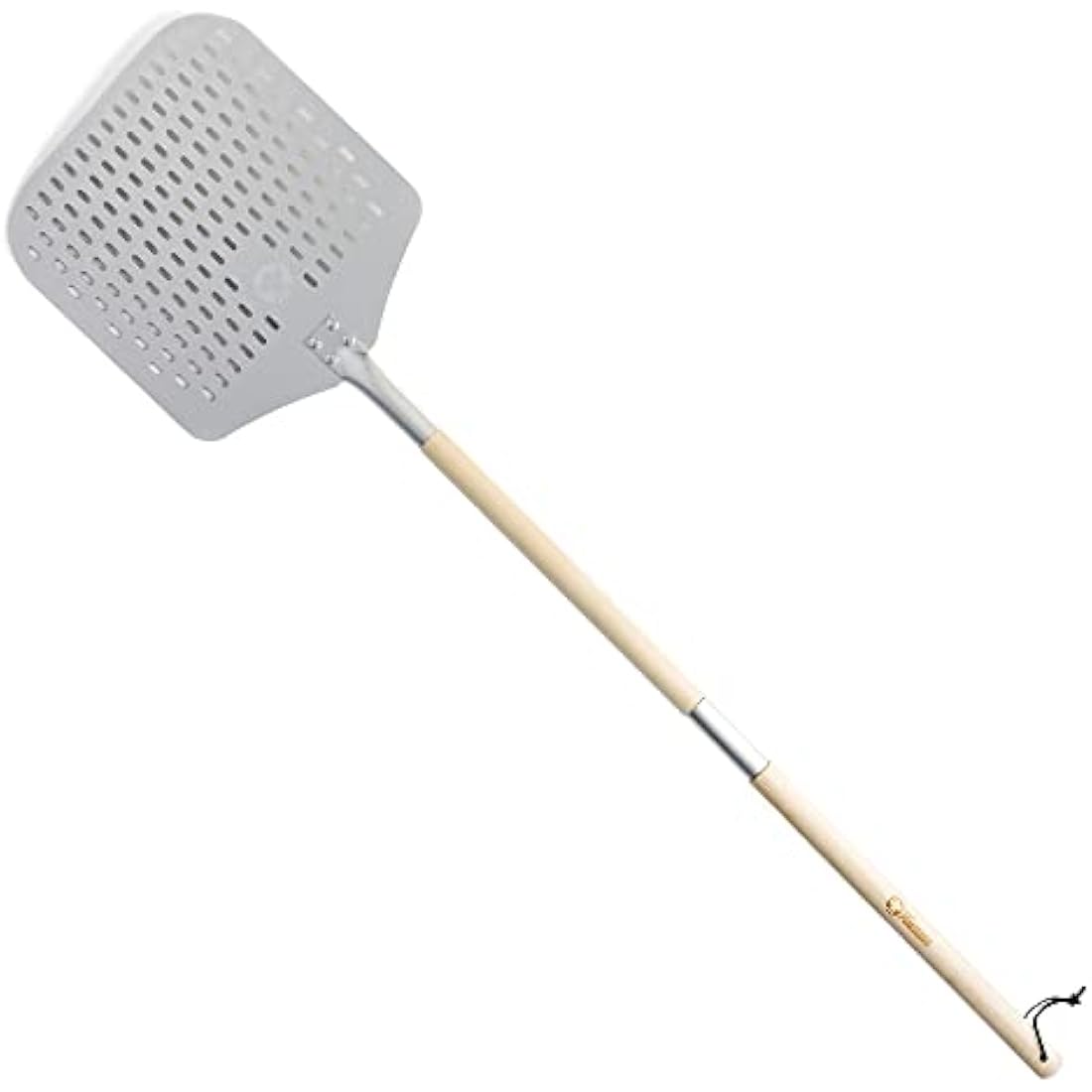 Chef Pomodoro Long Perforated Pizza Peel 12" x 14" (30 x 36 cm), Aluminum Pizza Paddle with Detachable Wood 49" (124 cm) Extendable Handle for Easy Storage Gourmet Luxury Pizza Turning Peel for Baking