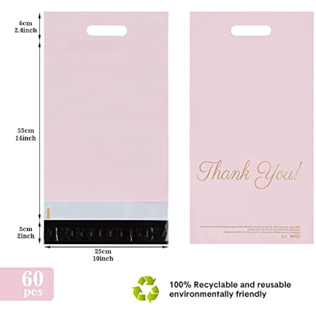 Mailing Bags, 60pcs Rose-Gold Poly Mailers 10x14 Inch(250 x 350mm) with Handle and “Thank You” Self Seal Waterproof Envelope Shipping Bags for Assorted Post Shipping Parcels Package Bags