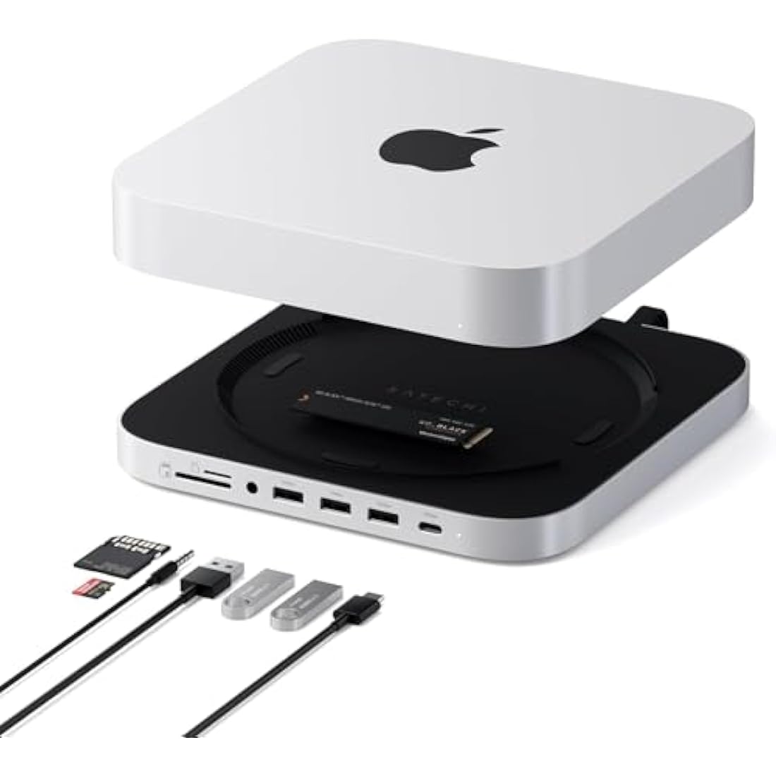 SATECHI Mac Mini Hub & Stand with SSD Enclosure for NVME/SATA M.2, Mac Mini Dock with USB-C 10Gbps, 3 USB-A 5/10Gbps, 2.0 Audio Jack, for Mac Studio, Mac Mini M2/M1 (Not Compatible with M4) – Silver