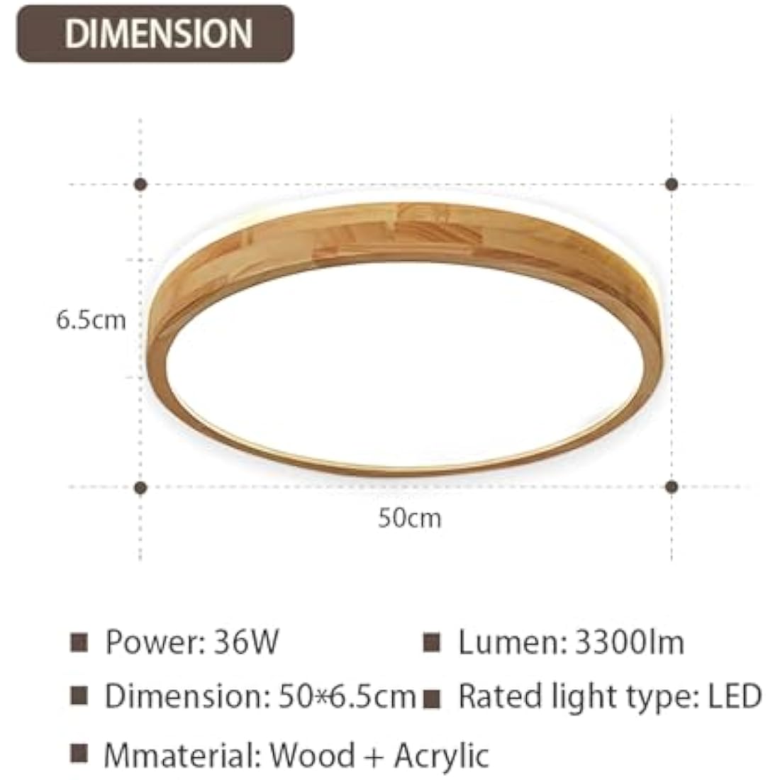 WayLuoung Wood LED Ceiling Light | Ø50cm 3000-6000K 36W | Round Top 360° Glow Natural Wooden Lamp, Bedroom Living Room Children's Room Kitchen Dining Room Home Office (Dimmable with Remote Control)