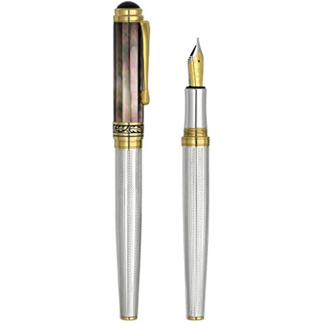 Xezo Maestro Fountain Pen, Fine Nib. Solid 925 Sterling Silver and Tahitian Black Mother of Pearl with 18 Karat Gold Plating. Handcrafted, Limited Edition, Serialized