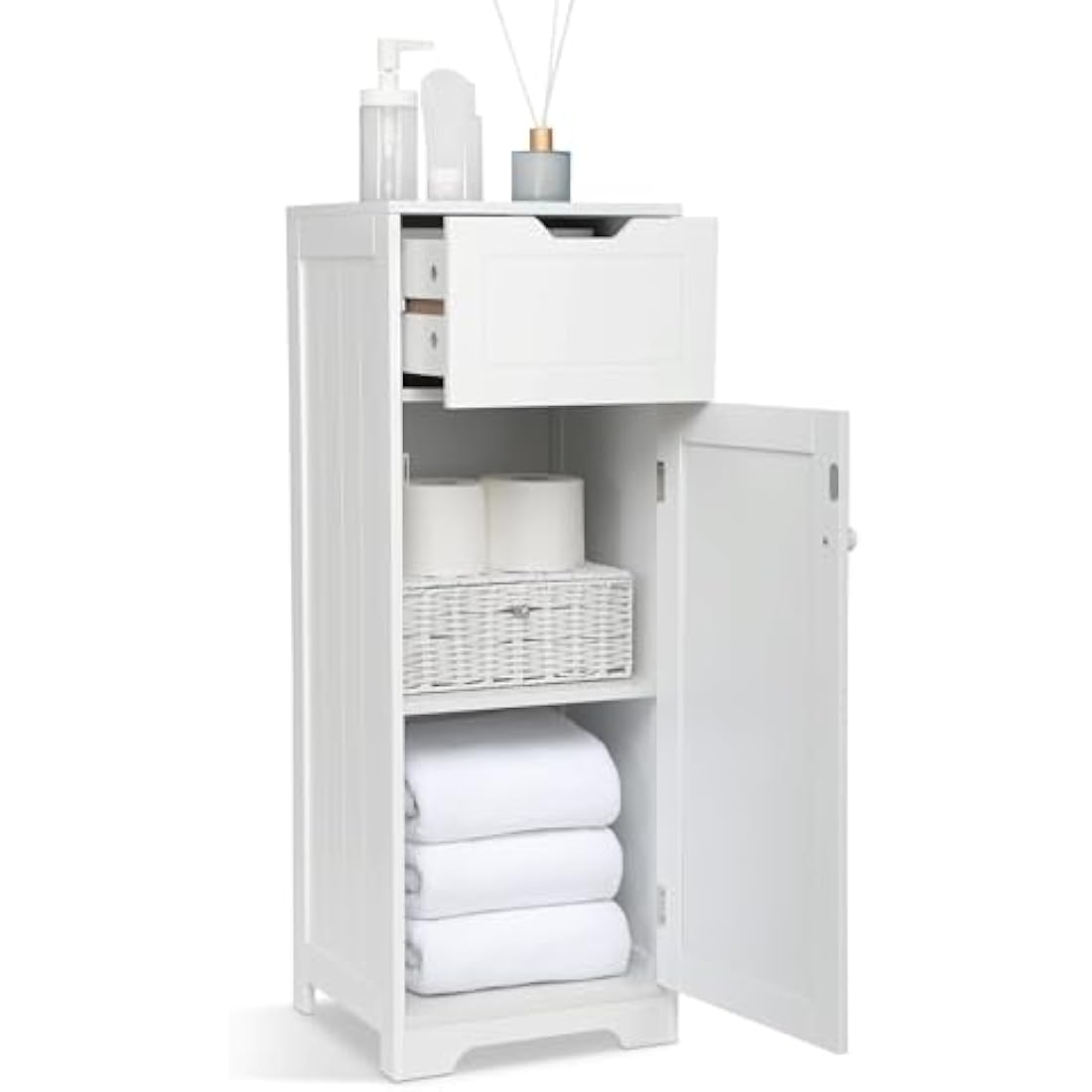 Mondeer Bathroom Floor Cabinet, Storage Unit With 1 Drawer 1 Door 2 Shelves, 32x30x87cm White MDF Painted Wood Free Standing Cupboard for Bathroom Living Room Porch