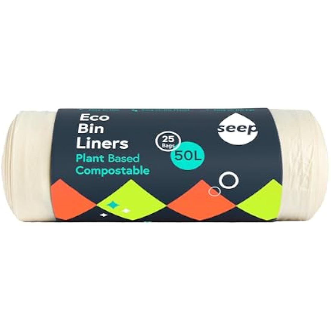 Seep Compostable 25 x 50 Litre Bin Bags- Eco Friendly Bin Liners - Large Kitchen BinBags - 50L Biodegradable Clear Bags - 1 Roll