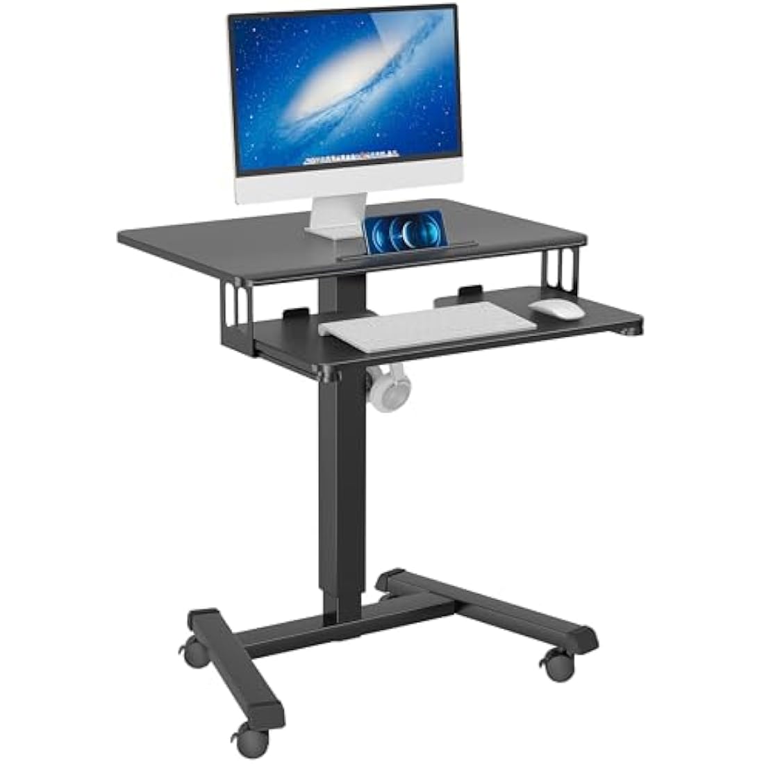 BONTEC 65 × 45cm Two-Tier Mobile Computer Workstation with 4 Rolling Castors, Laptop Stand on Wheels, Height Adjustable Standing Desk, Side Table for Living Room, Bedroom, Medical