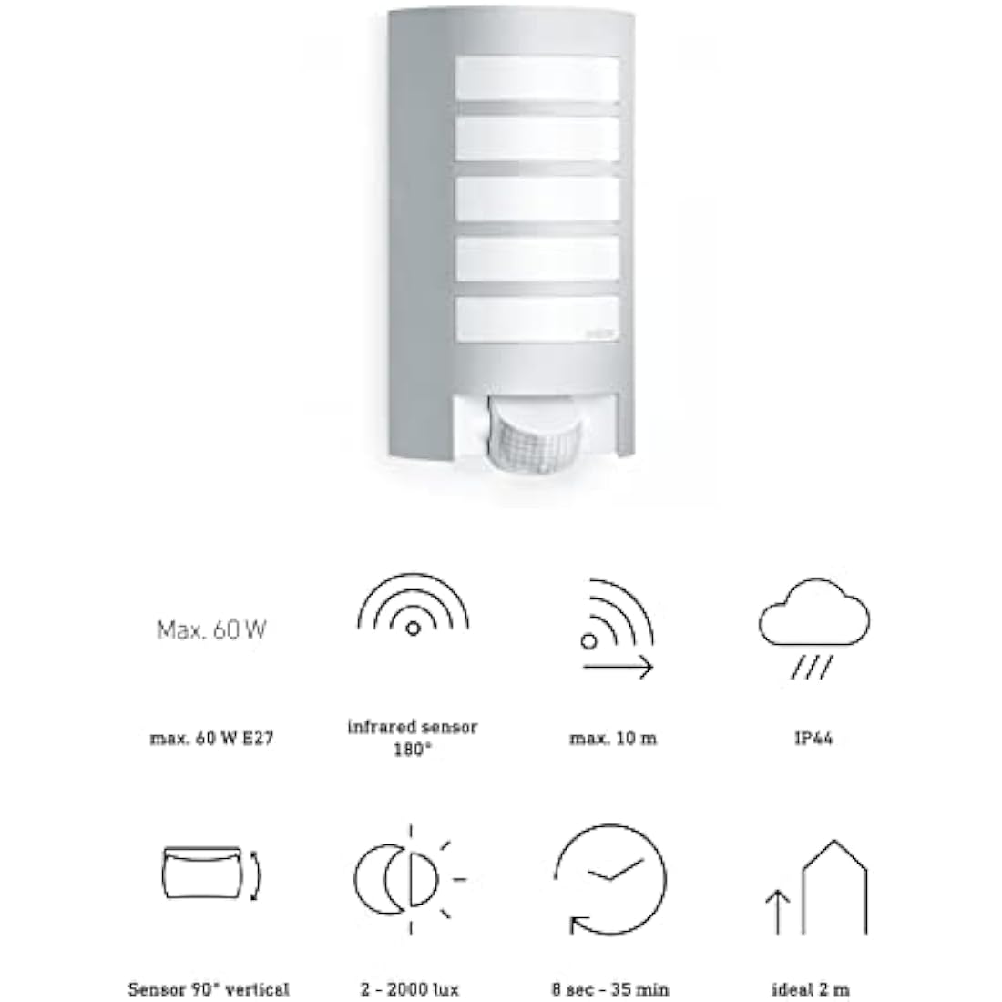 Steinel Outdoor Wall Light L 12 S, 180° Motion Detector up to 10 m range - Robust Weatherproof Aluminium Outdoor Light E27 max. 60 Watts - Porch Light in Silver