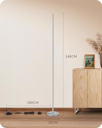 EDISHINE LED Floor Lamp, 146cm Minimalist Dimmable Standing Lamp with Foot Switch, Stepless Dimming, Tall Corner Lamp for Living Room, Bedroom, Office, 3000K, Silver
