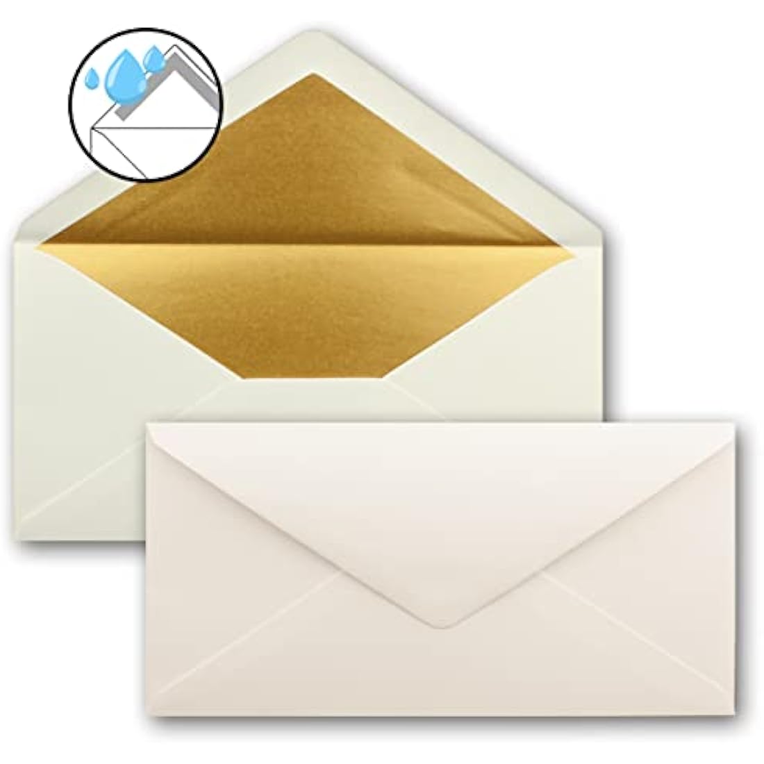 NEUSER PAPIER 100 envelopes DIN long - natural white with gold metallic inner lining - 110 x 220 mm - wet glue - festive envelopes for Christmas