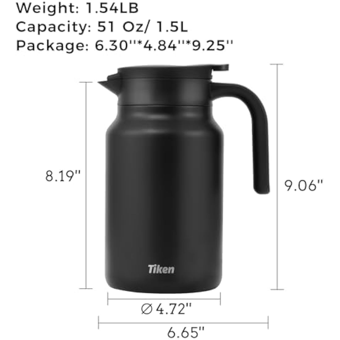 Tiken 1.5L Thermal Coffee Carafe Jug, Double Walled Stainless Steel Insulated Vacuum Coffee Flask for Hot &Cold Drinks