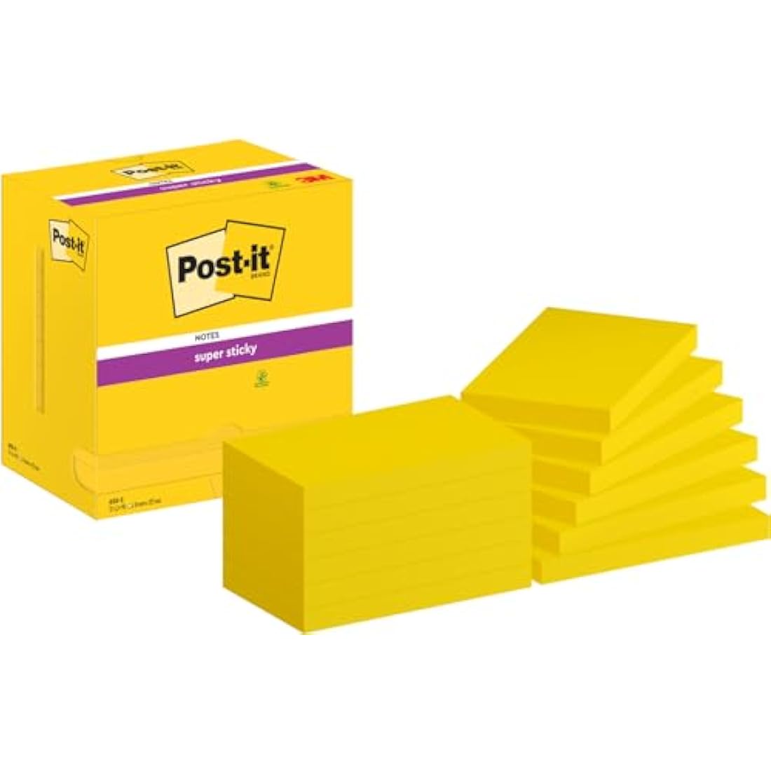 Post-it Super Sticky Notes Ultra Yellow Colour, Pack of 12 Pads, 90 Sheets per Pad, 76 mm x 127 mm - Extra Sticky Notes for Note Taking, to Do Lists & Reminders