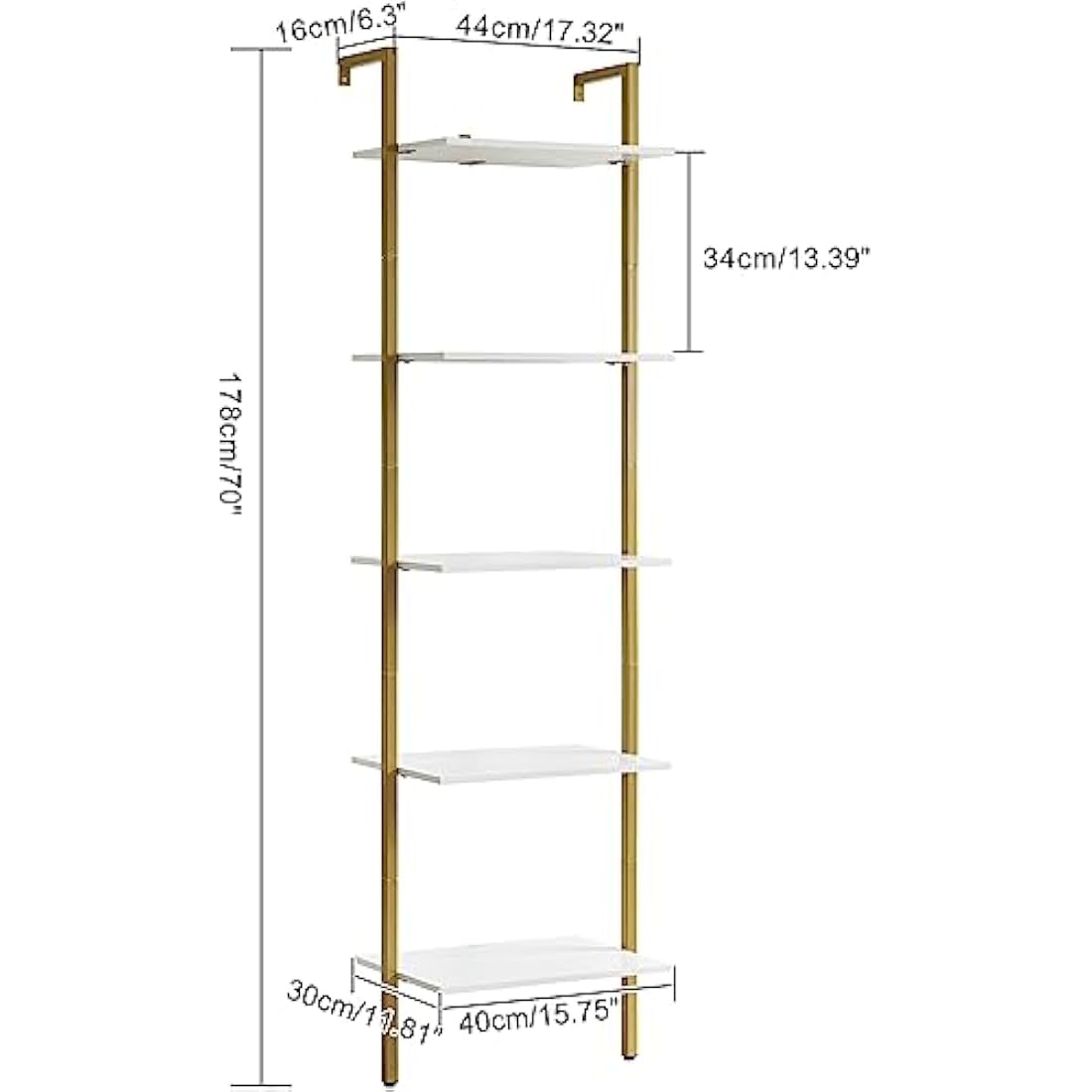 YMYNY Bookshelf Wall Mounted, Ladder Shelf, 5-Tier Bookcase Rack, Storage Unit with Metal Frame, Industrial Floating Wall Shelf for Living Room, Kitchen, Office, 40×30×178CM White HBC015W