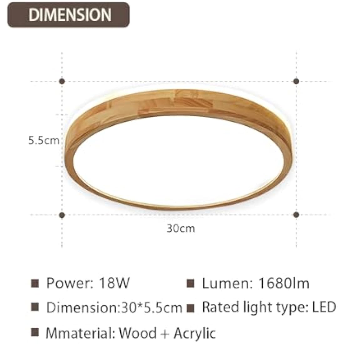 WayLuoung Wooden LED Ceiling Light | Ø30cm 3000K 1620Lm 18W | Round Top 360° Glow Natural Wood Ceiling Lamp, Bedroom, Living Room, Children's Room, Kitchen, Dining Room, Home, Office (Warm White)