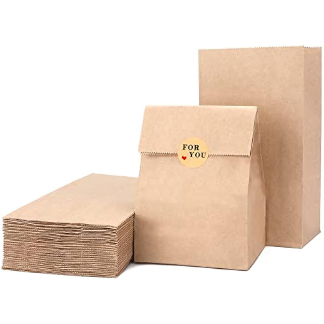 G2PLUS 100 Medium Brown Kraft Paper Bags - 13x8x24 CM Candy Favor Bags with Stickers for Snack, Birthday, Wedding and Party