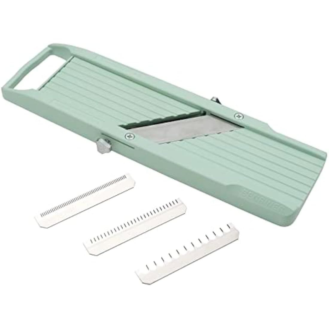 Benriner BN-1GR Japanese Handheld Mandolin Slicer with Three Interchangeable Stainless-Steel Blades-Ivory, Vegetable Fruit Cutter Peeler, Stainless Steel, Green