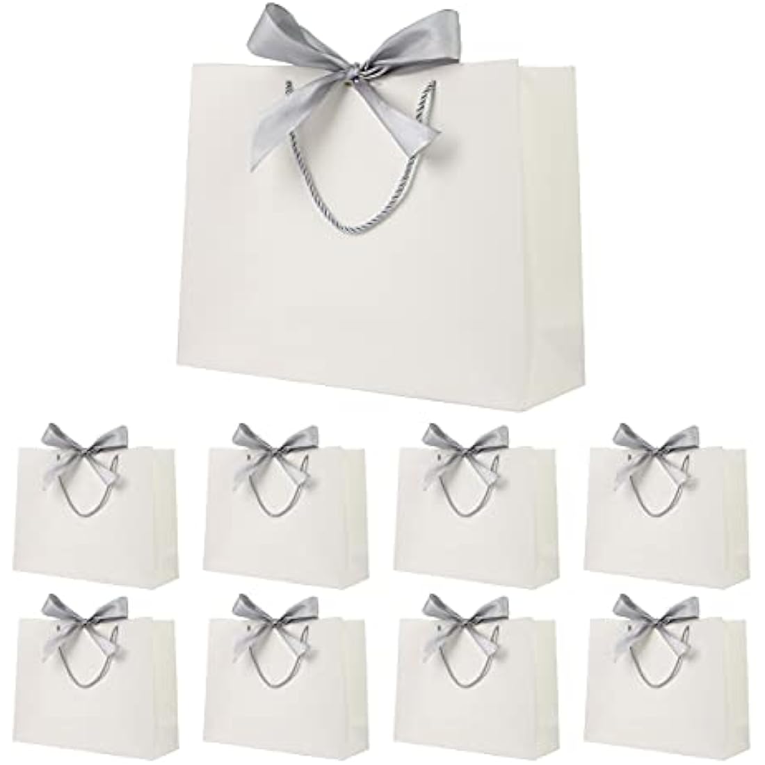 Gift Bags White with Silver Bow Ribbon,Luxury Present Bags for Birthday,Weddings,Party,Bridesmaid,Bridal Shower,12.6x9.8x3.9inches,(White,8 Pack)