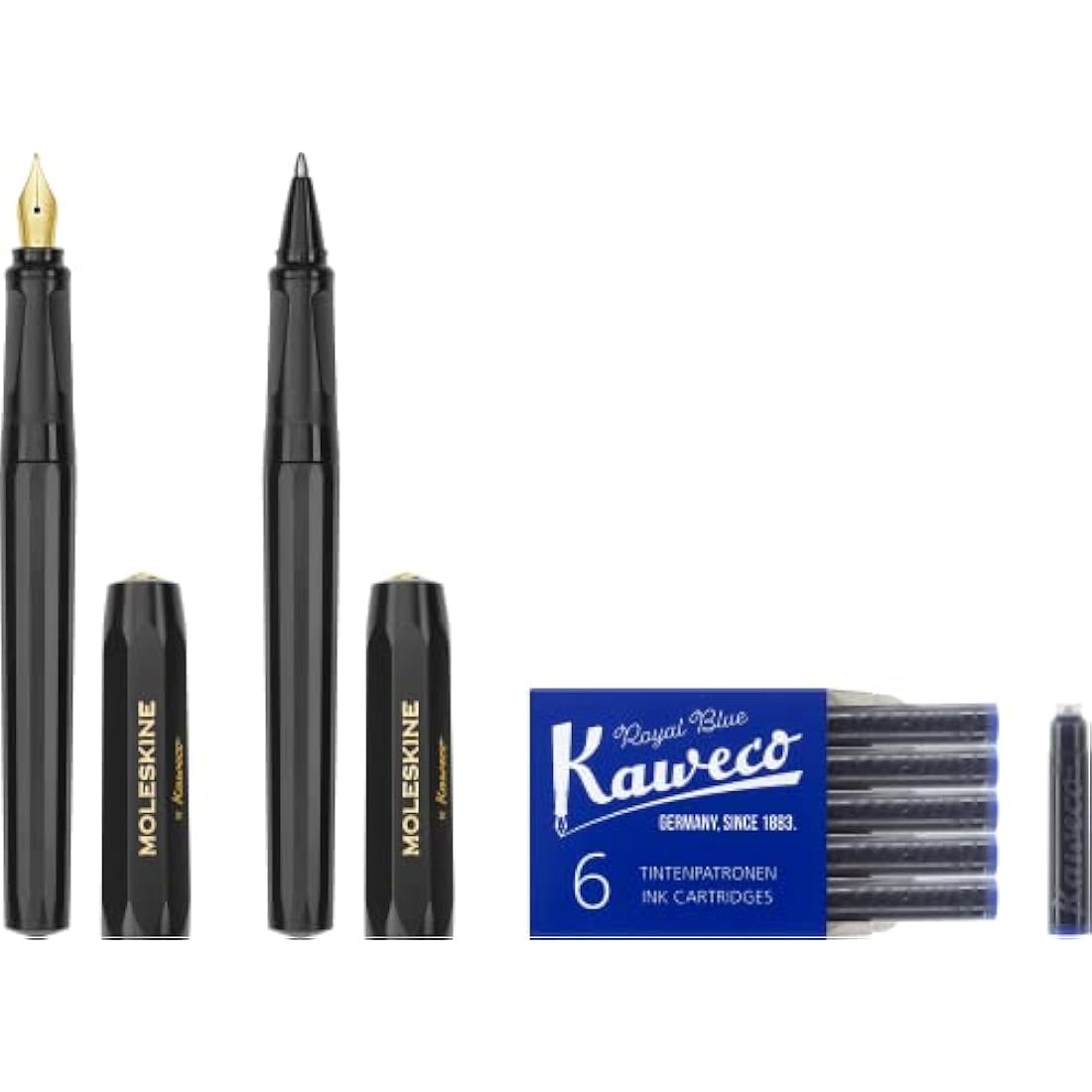 Moleskine x Kaweco Fountain Pen in ABS plastic with Gold-Plated Size M Nib and Refillable Ballpen for Writers, Note-Takers, Refill 1.0mm with Blue Ink and 6 Blue Ink Cartridges included, Color Black