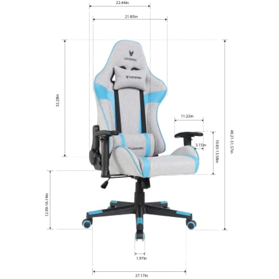 Oversteel - ULTIMET Professional Gaming Chair, Breathable Fabric, 2D Armrests, Height Adjustable, 180° Reclining Backrest, Gas Piston Class 3, Up to 120Kg, Gray/Blue