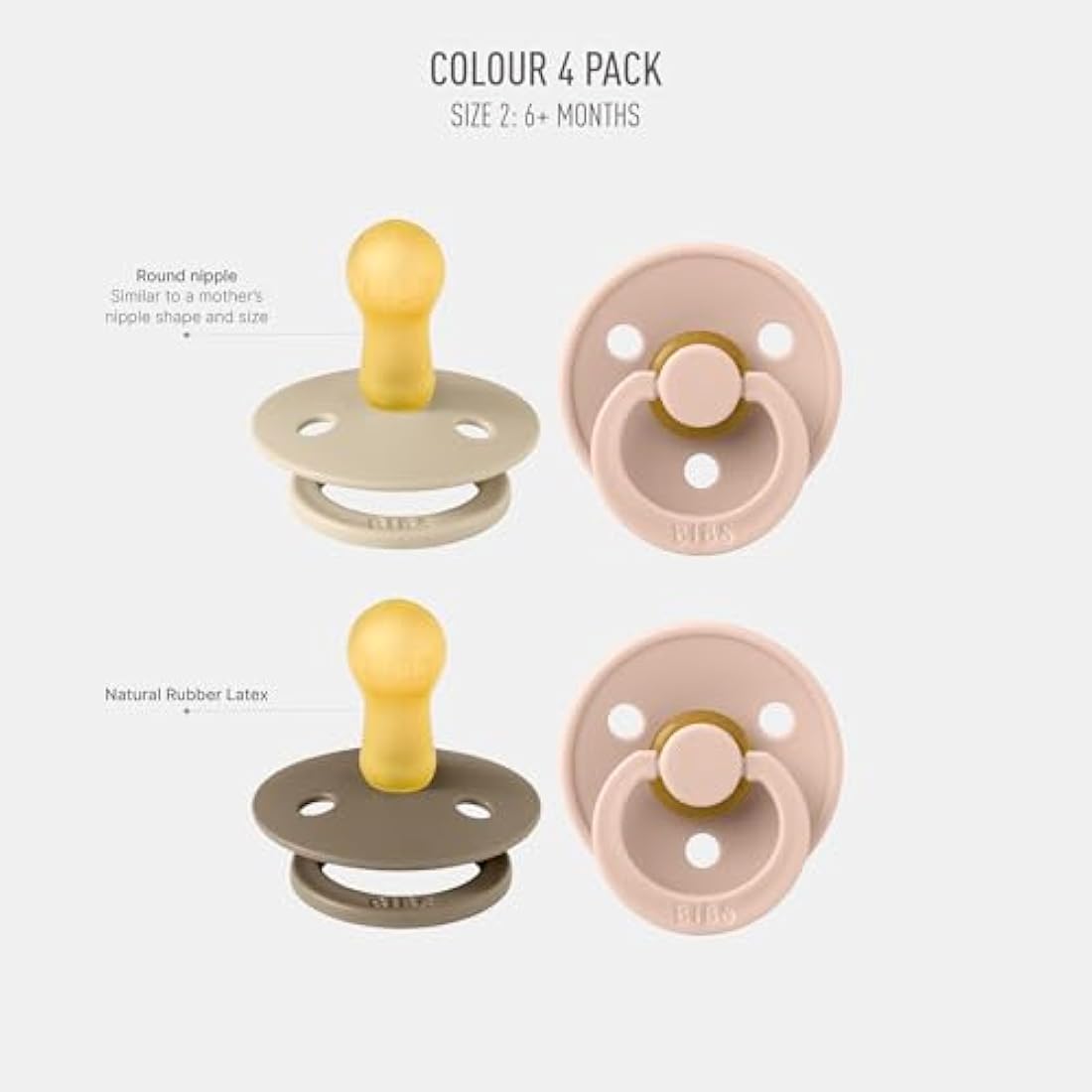 BIBS Dummies Colour 4-Pack, BPA Free Dummy Pacifier, Round Nipple Soothers, Natural Rubber Latex, Made in Denmark. 6-18 Months (Pack of 4), Baby Blush Colours