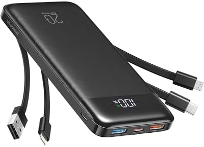 Charmast Power Bank, 20,000mAh Built-in 4 Cables Portable Charger, 20W Fast Charging Battery Pack with 4 Ports, USB-C Powerbank for iPhone 16/15/14 Series, iPad, AirPods, Android Phone,and more(Black)