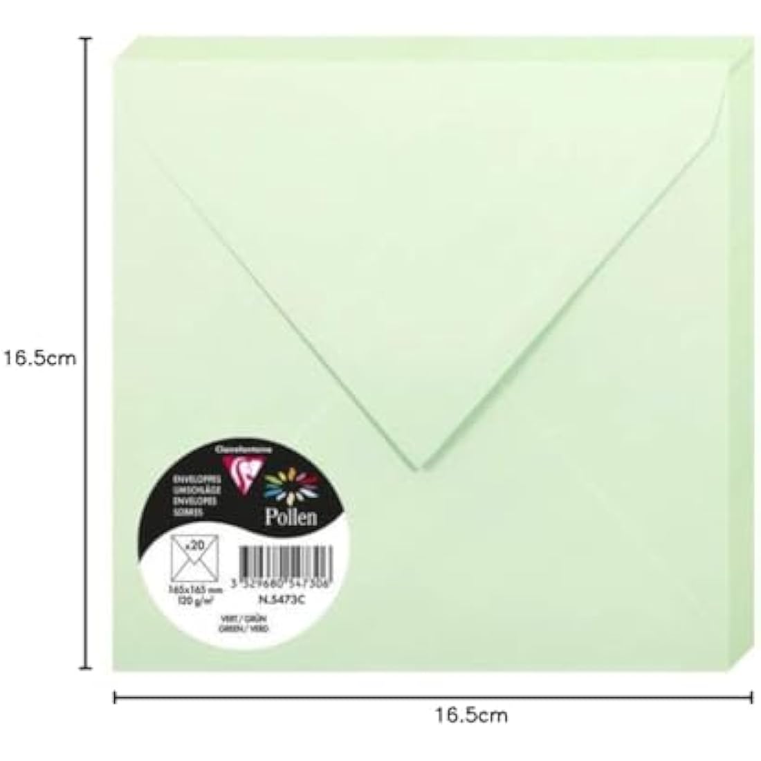 Clairefontaine - Ref 5473C - Pollen Envelopes (Pack of 20) - 165 x 165mm Sized, 120gsm Paper, Gummed Seal, Inkjet & Laser Printer Compatible, Acid Free - Green