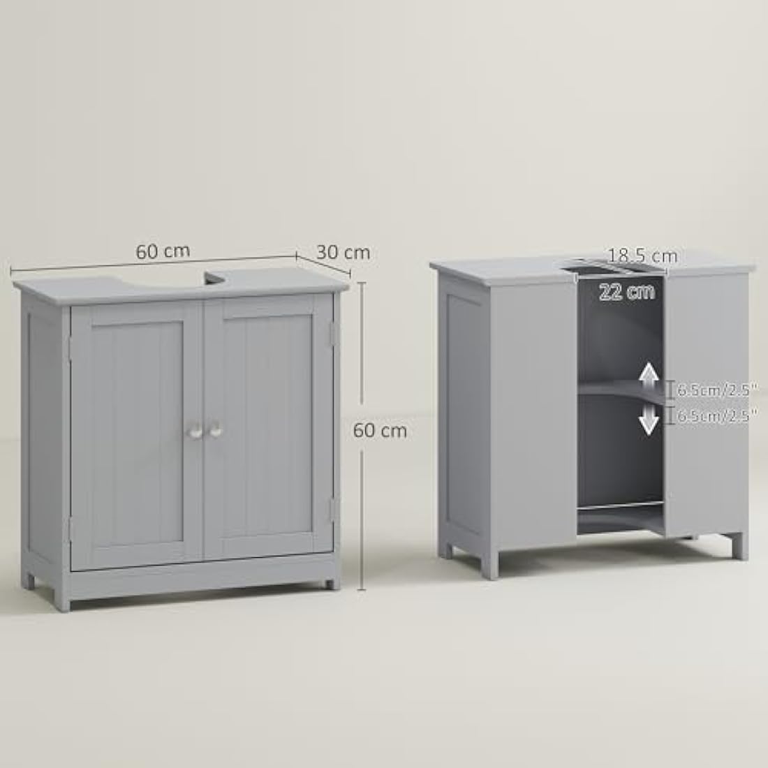 kleankin 60x60cm Under-Sink Storage Cabinet w/Adjustable Shelf Handles Drain Hole Bathroom Cabinet Space Saver Organizer Grey
