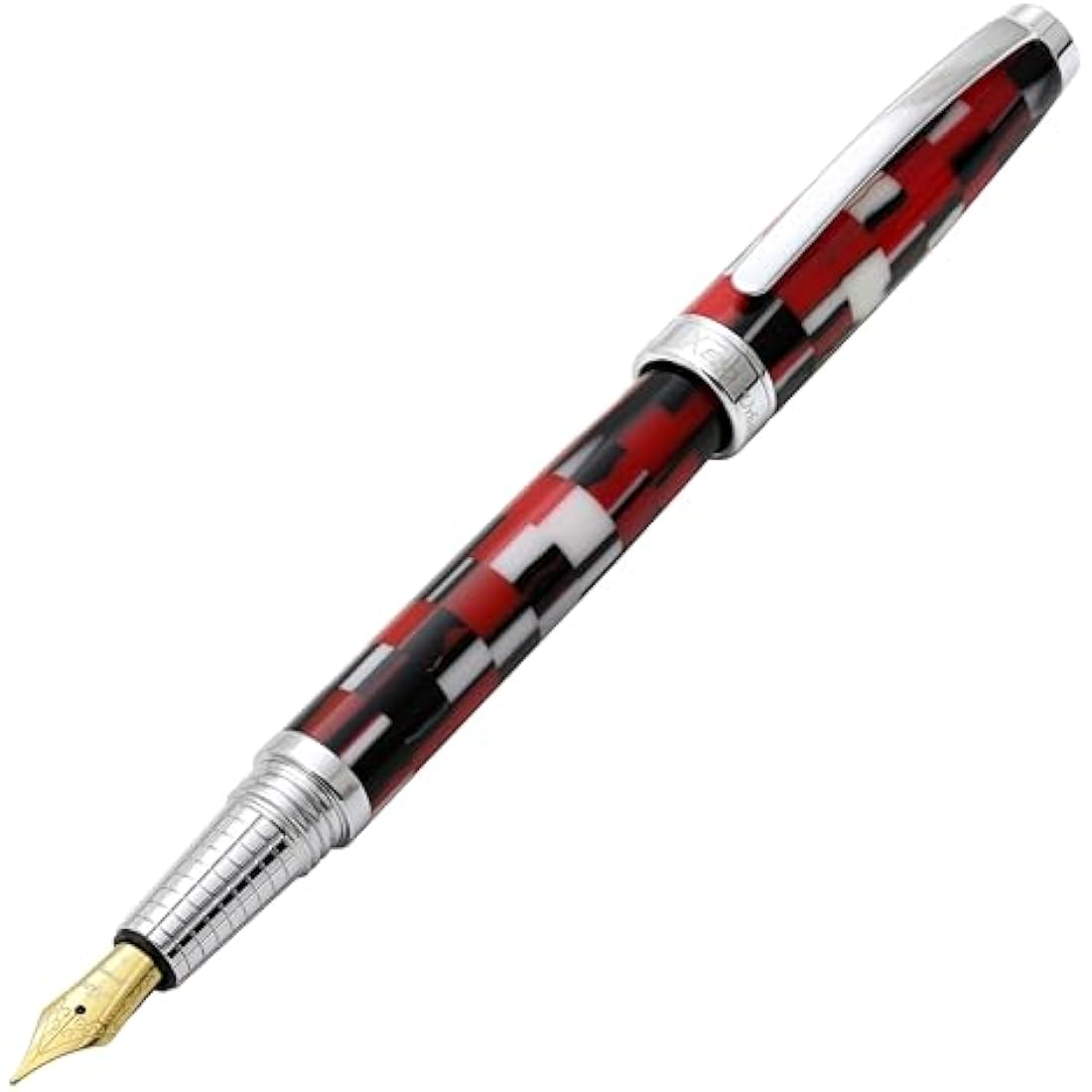 Xezo Urbanite II Fountain Pen, Medium Nib. Sporty Red, Black, and White Checkered Acrylic on Brass. Chrome Plated. Handcrafted, Limited Edition, Serialized