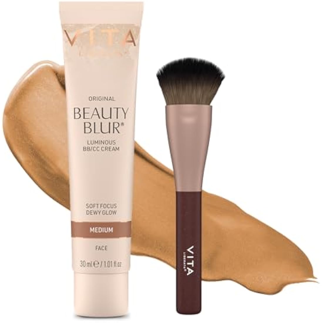 VITA LIBERATA Beauty Blur Medium 30ml & Brush Bundle, BB/CC Cream, Hydrating complexion booster, Radiant Glow & Flawless Finish, Colour Corrector, Tinted Primer, Flawless application blending brush